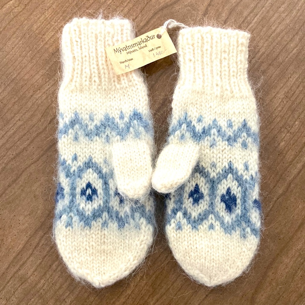 Hand Crafted Cream and Blue Wool Knit Mittens